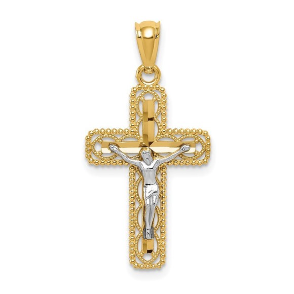 Million Charms 14k Gold Two-tone Polished Crucifix Necklace Charm Pendant